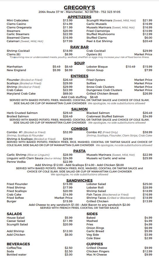 Menu | Gregory's Seafood Market & Restaurant